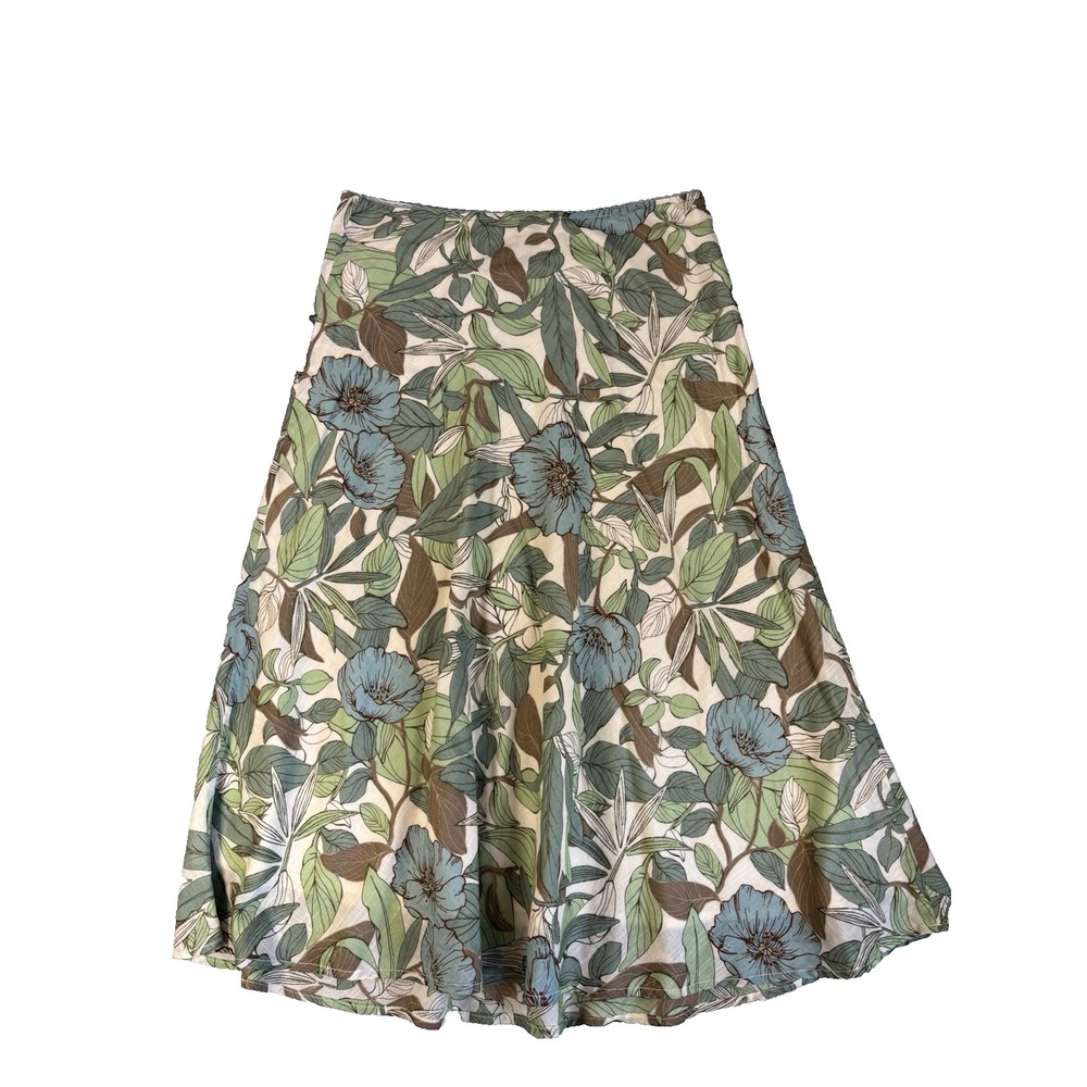 Eddie Bauer Floral Midi Skirt XS Cotton Green Blue Botanical Cottagecore Fairy